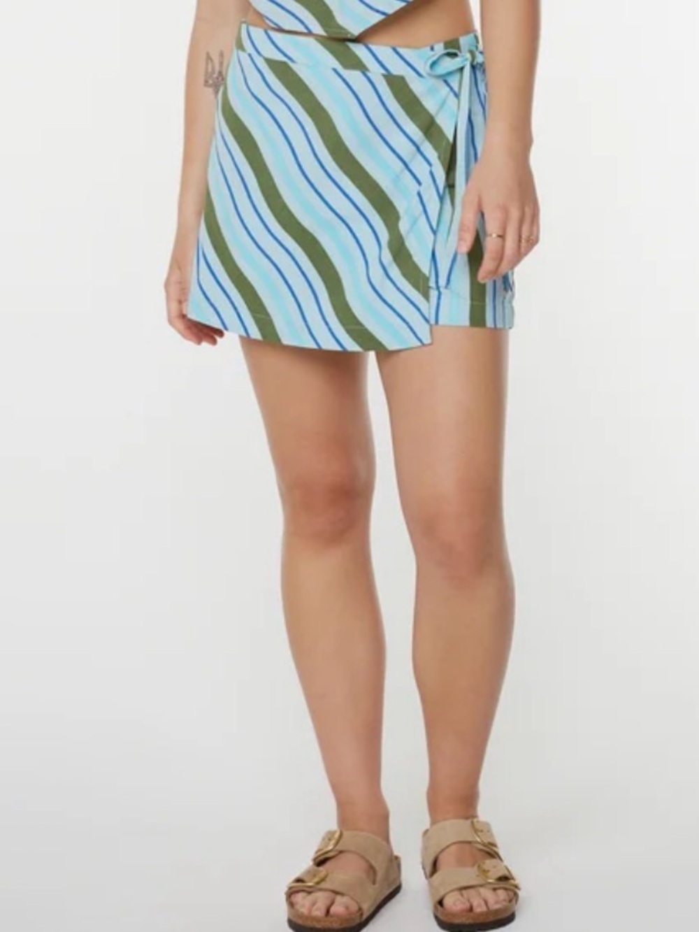 Roxy Light Blue, Olive and Dark Blue Striped Wrap Mini Skirt NWT Size M